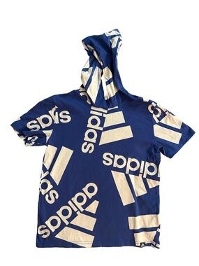 adidas Blue Hooded Tee with White Allover Logos